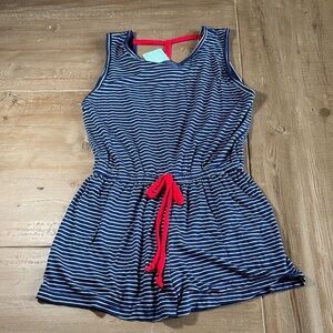 Area Code 407 Girls Navy and White Striped Romper with Red Waist Tie - Size 12